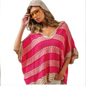 Women's Pink/Natural Stripe Dolman Crochet Oversized Hoodie